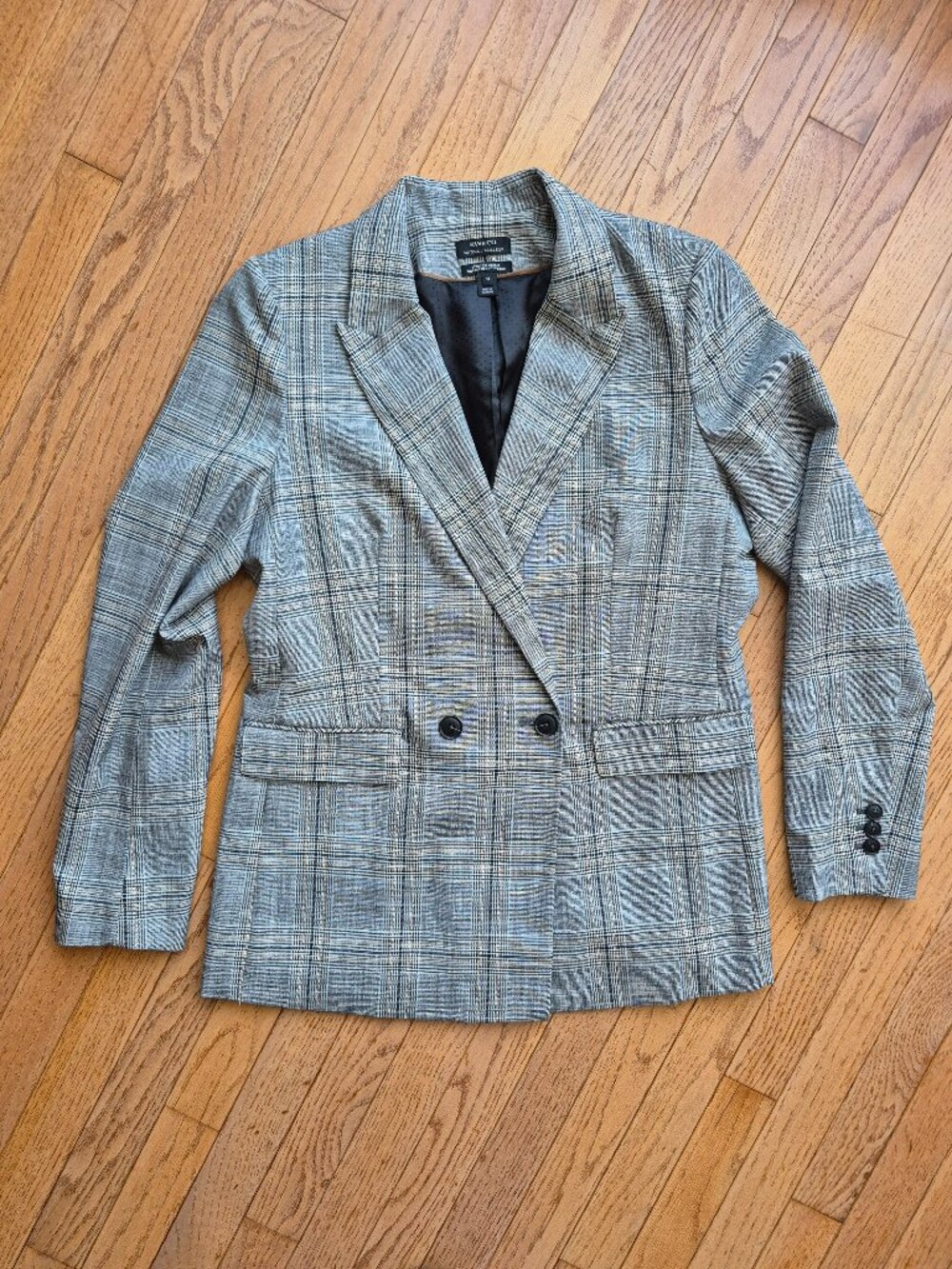 RW&CO. Gray Plaid Double-Breasted Blazer 14 Stretch